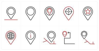 A set of 10 Navigation icons as location, navigation, target location in red line color vector