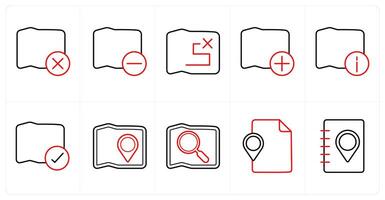 A set of 10 Navigation icons as wrong map, map, wrong route in red line color vector