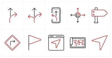 A set of 10 Navigation icons as path, path way, route in red line color vector