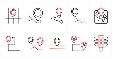 A set of 10 Navigation icons as direction, city map, share location in red line color vector
