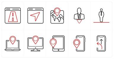 A set of 10 Navigation icons as road map, send, location in red line color vector