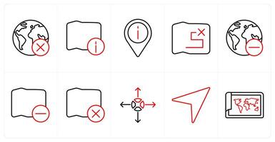 A set of 10 Navigation icons as global, map information, location in red line color vector