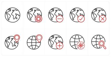 A set of 10 Navigation icons as global, map settings, location in red line color vector
