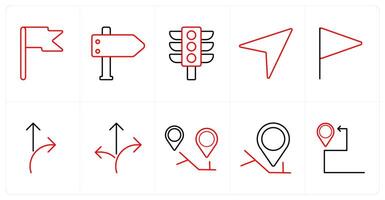 A set of 10 Navigation icons as signpost, arrow direction, traffic signal in red line color vector