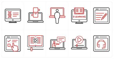 A set of 10 online education icons as online classes, puzzle, online course in red line color vector