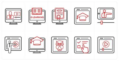 A set of 10 online education icons as online classes, e learning, online diploma in red line color vector