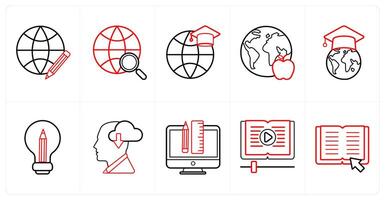 A set of 10 online education icons as global learning, international search, distance education in red line color vector
