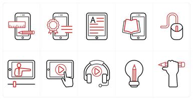 A set of 10 online education icons as graphic, mobile diploma, article in red line color vector