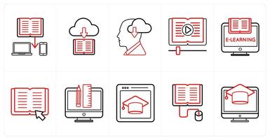 A set of 10 online education icons as data share, download book, online education in red line color vector