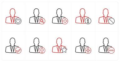 A set of 10 profile icons as favorite profile, search profile, send profile in red line color vector
