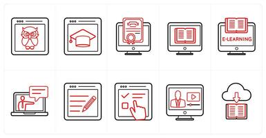 A set of 10 online education icons as online eudcation, e learning, online diploma in red line color vector