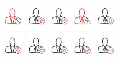 A set of 10 profile icons as recieved profile, favorite profile, send profile in red line color vector
