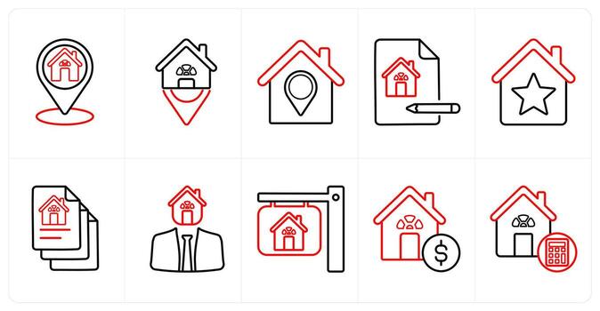 A set of 10 Real Estate icons as location, house location, property location in red line color vector
