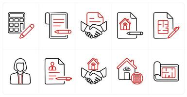 A set of 10 Real Estate icons as budget, contract, agreement in red line color vector
