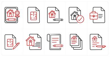 A set of 10 Real Estate icons as mortgage application, floor plan, property checklist, in red line color vector