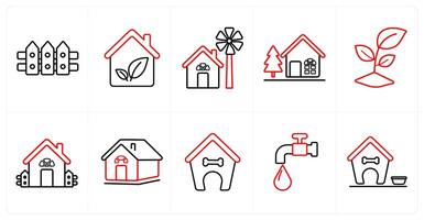 A set of 10 Real Estate icons as fence, ecological house, windmill in red line color vector