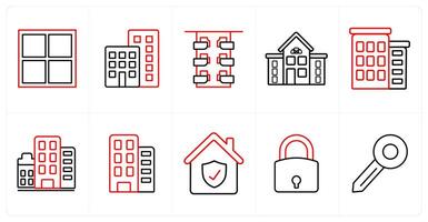 A set of 10 Real Estate icons as windows, apartments, flats building in red line color vector