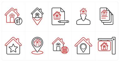 A set of 10 Real Estate icons as property upgrades, house location, property checklist in red line color vector