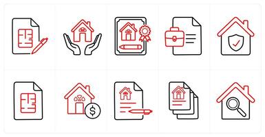 A set of 10 Real Estate icons as architectural terms, architect, family home in red line color vector