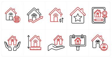 A set of 10 Real Estate icons as apartments, windows, flats buildings in red line color vector