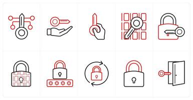 A set of 10 Security icons as key security, access key, data in red line color vector