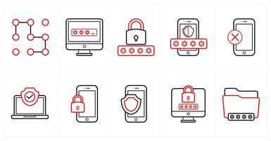 A set of 10 Security icons as pattern, password, login in red line color vector