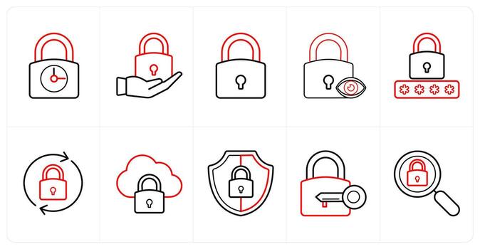 A set of 10 Security icons as security period, privacy, lock in red line color vector