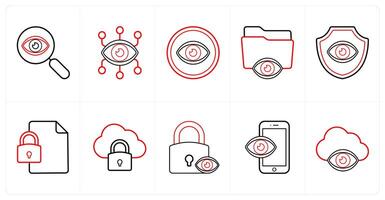A set of 10 Security icons as search, security, eye in red line color vector