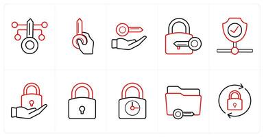 A set of 10 Security icons as key security, access key, lock key in red line color vector