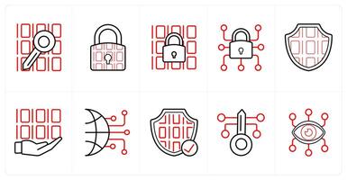 A set of 10 Security icons as data, data security, data lock in red line color vector