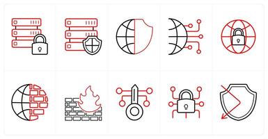 A set of 10 Security icons as database security, global security, data network in red line color vector
