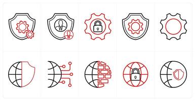 A set of 10 Security icons as security settings, security administrator, shield in red line color vector