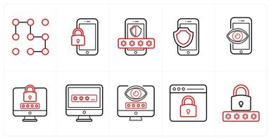 A set of 10 Security icons as pattern, mobile security, security password in red line color vector