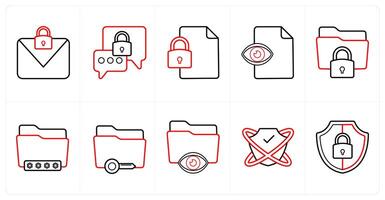 A set of 10 Security icons as email protection, encrypted message, file protection in red line color vector