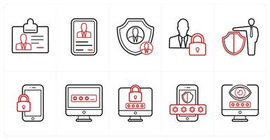 A set of 10 Security icons as id card, security administrator in red line color vector