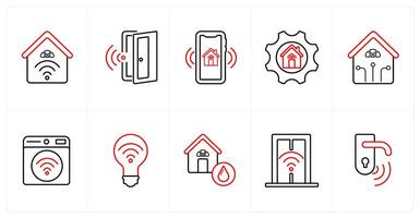 A set of 10 Smart Home icons as smart home, smart door, smart house in red line color vector