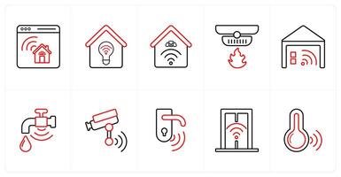 A set of 10 Smart Home icons as house designing, innovative house, smart home in red line color vector