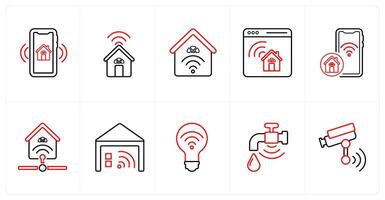 A set of 10 Smart Home icons as smart home, smart house, house designing in red line color vector