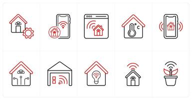 A set of 10 Smart Home icons as house optimization, house wifi, home designing in red line color vector
