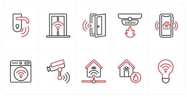 A set of 10 Smart Home icons as smart lock, smart door, lock, smart door in red line color vector
