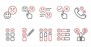 A set of 10 survey and ratings icons as response, feedback, survey in red line color vector