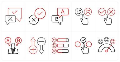 A set of 10 survey and ratings icons as validation, option, feebback in red line color vector