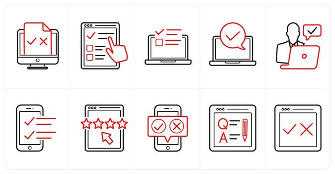 A set of 10 survey and ratings icons as online survey, review administrator, mobile survey in red line color vector