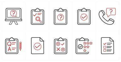 A set of 10 survey and ratings icons as question, checklist, survey in red line color vector