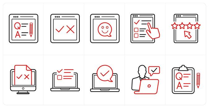A set of 10 survey and ratings icons as online questionnaire, online adminsitrator, smiley feedback in red line color vector