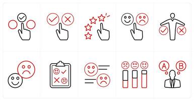 A set of 10 survey and ratings icons as choice, survey, star rating in red line color vector