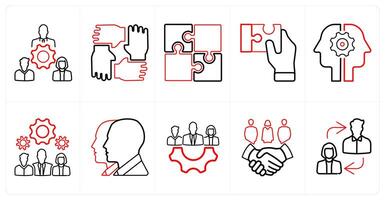 A set of 10 Teamwork icons as teamwork, partners, puzzle in red line color vector