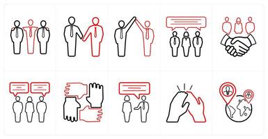 A set of 10 Teamwork icons as team, handshake, success in red line color vector