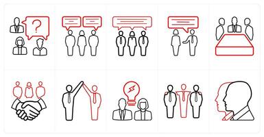 A set of 10 Teamwork icons as question, communication, conference in red line color vector