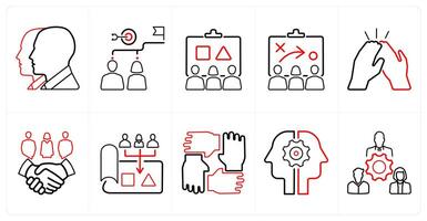A set of 10 Teamwork icons as group people, target, planning in red line color vector